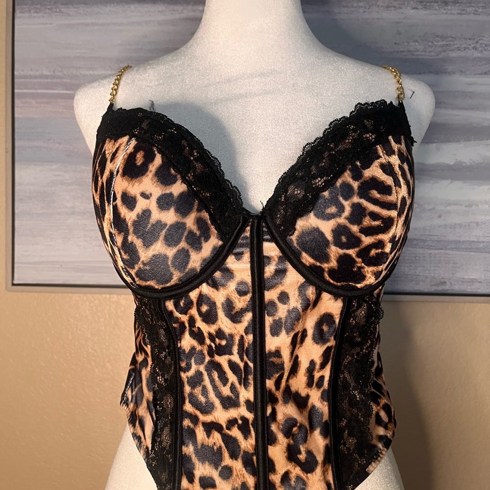 Leopard Print Corset with Black Lace Trim